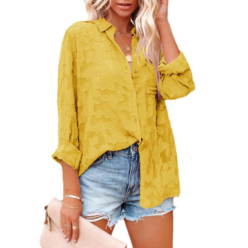 Women's Long Sleeve Shirt in Solid Color with Hollow Chiffon Jacquard and Button Detail