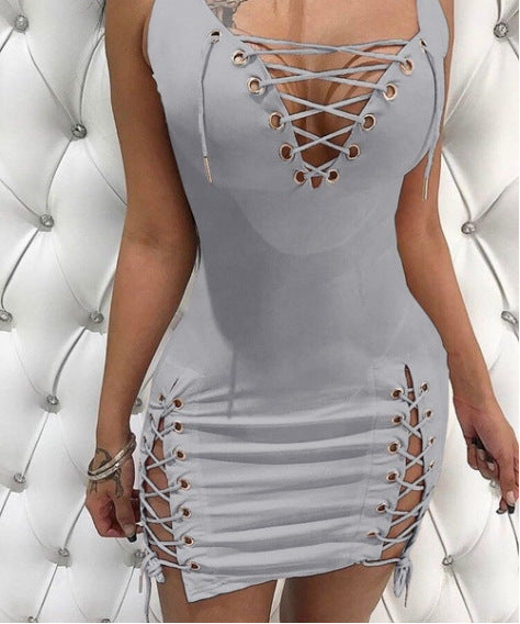 Deep V-neck Slim-Fit Lace-Up Dress in Solid Color for Women's Clothing