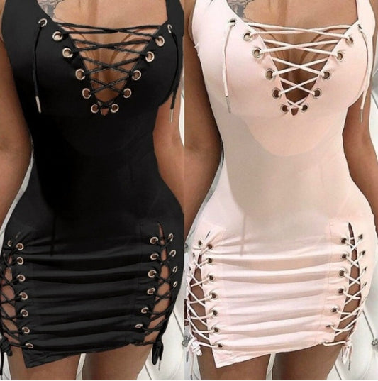 Deep V-neck Slim-Fit Lace-Up Dress in Solid Color for Women's Clothing