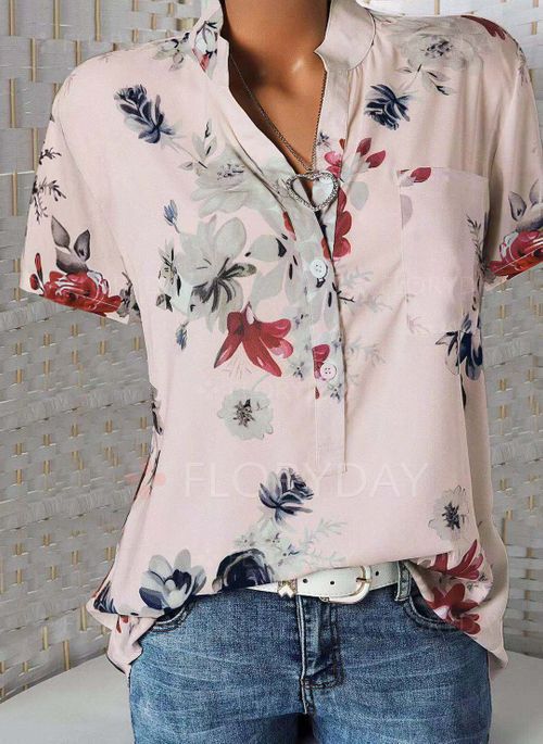 Fashion Flower Printed Tops V-neck Short Sleeve Shirt