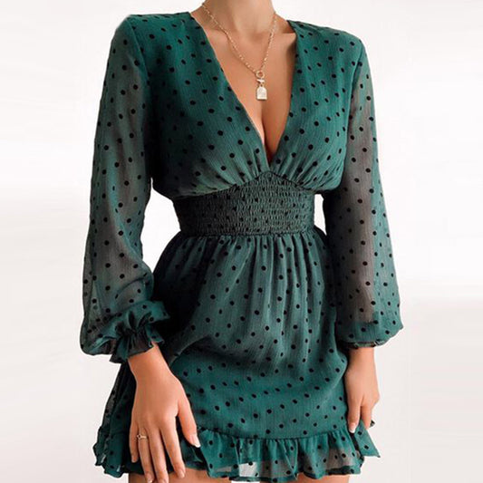 Green Polka Dot Deep V Neck Waist Pleated Women's Dress