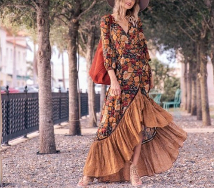 Printed Long Sleeve Retro Dress with Long Skirt