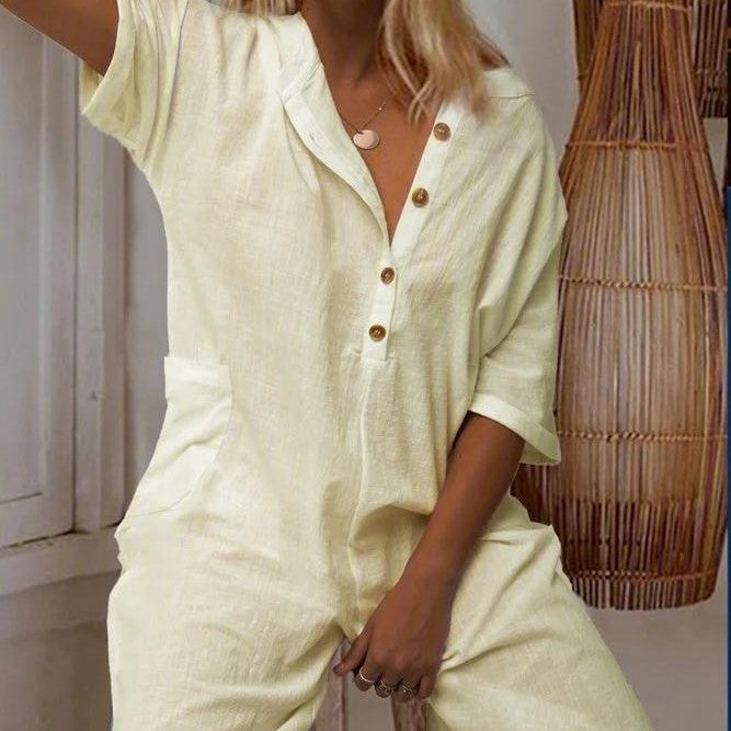 European And American Women's Lapel Cotton Linen Jumpsuit