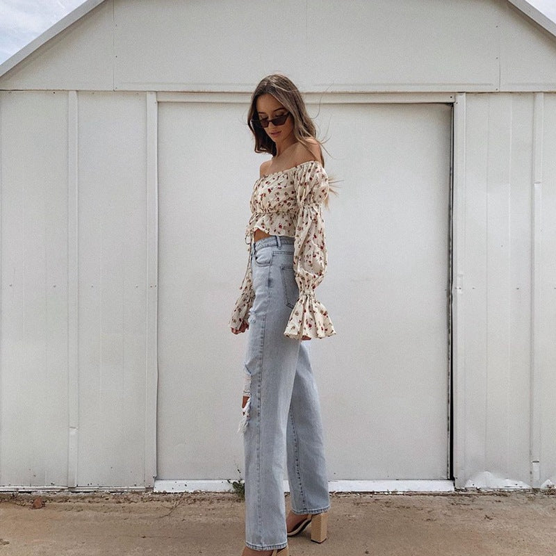 Floral Print Shirt with Flared Sleeves