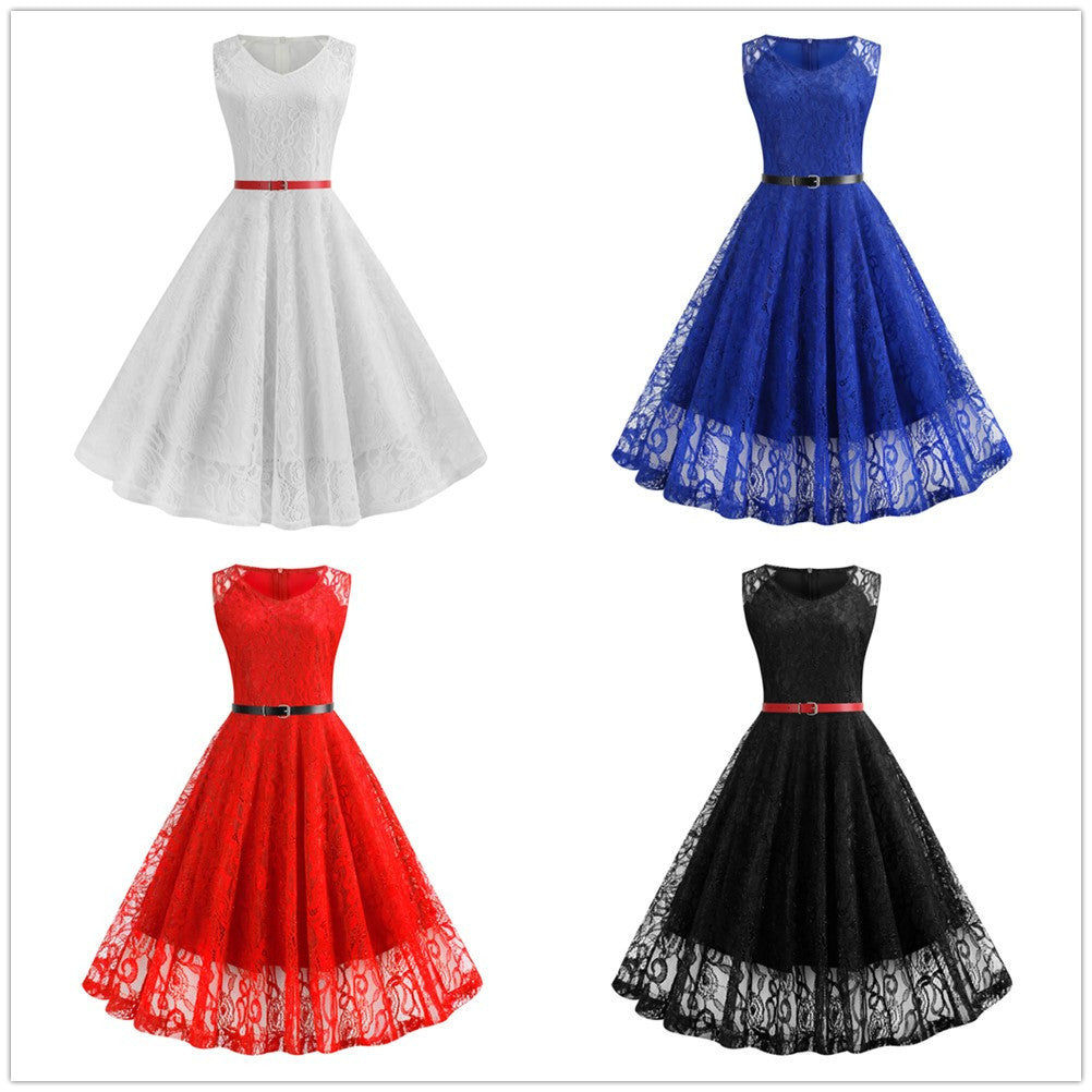 Retro Sexy Round Neck Lace Big Swing Dress