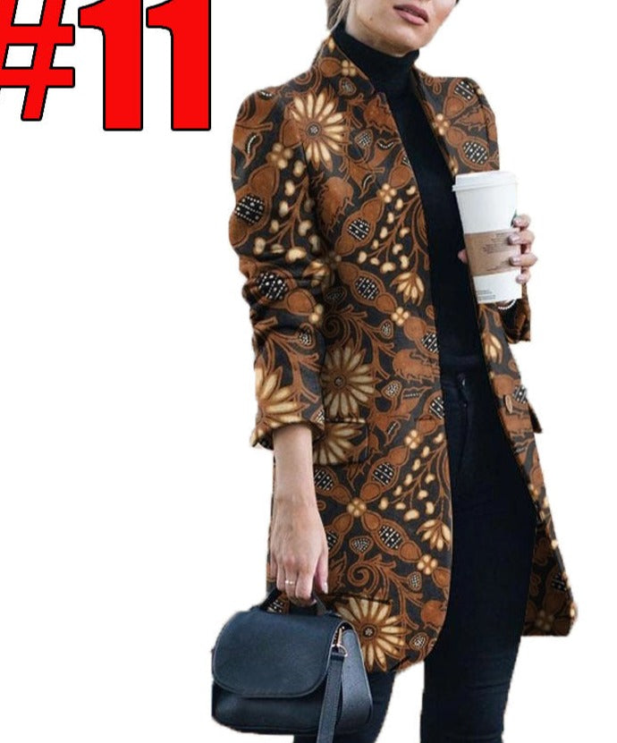 Women's Stand-Collar Woolen Coat with Fashion Print