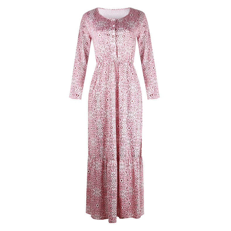 Long-Sleeved Maxi Dress with Printed Design and Split