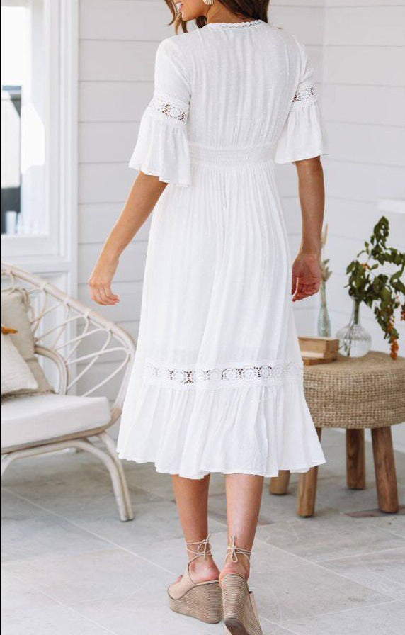 Deep V lace flare sleeve flowing dress