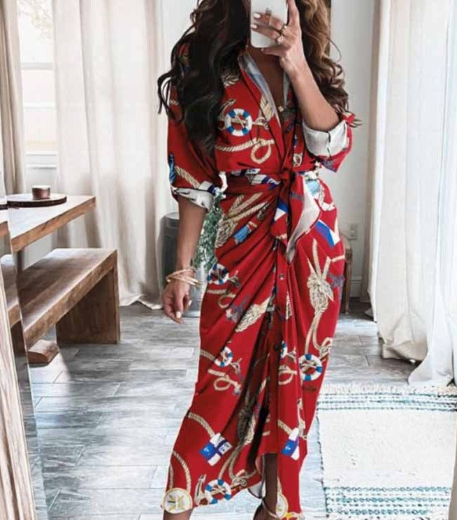 Sexy Printed Pleated Irregular Tie Dress