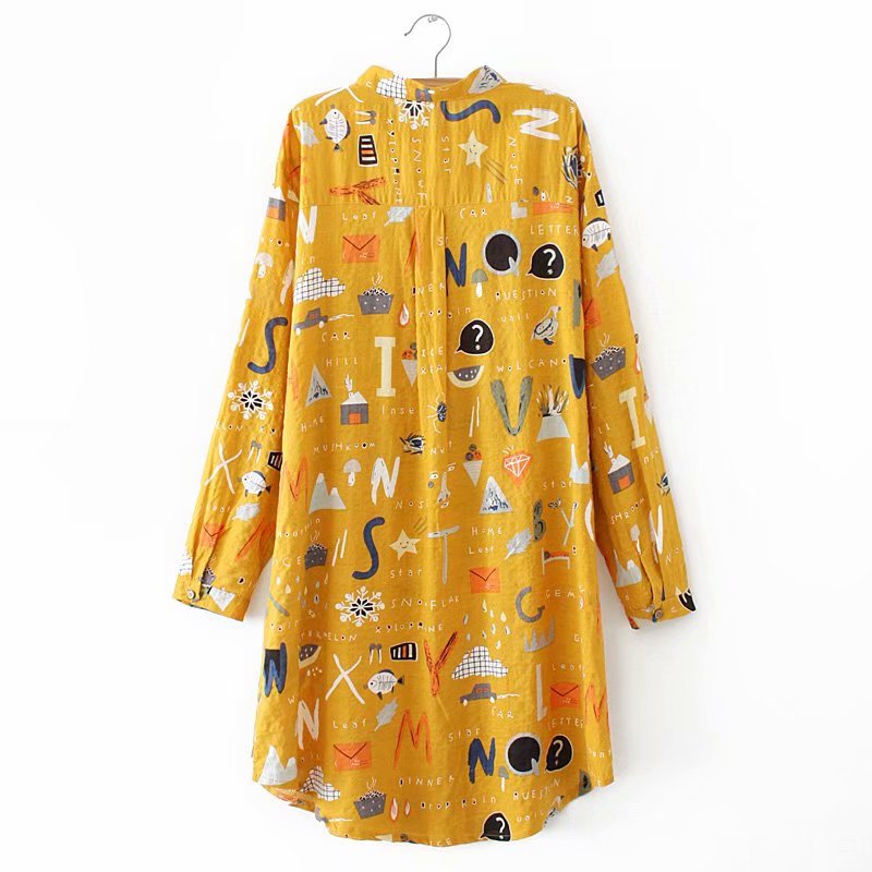 Loose Large Size Mid-Length Long-Sleeved Shirt for Women with Cartoon Print