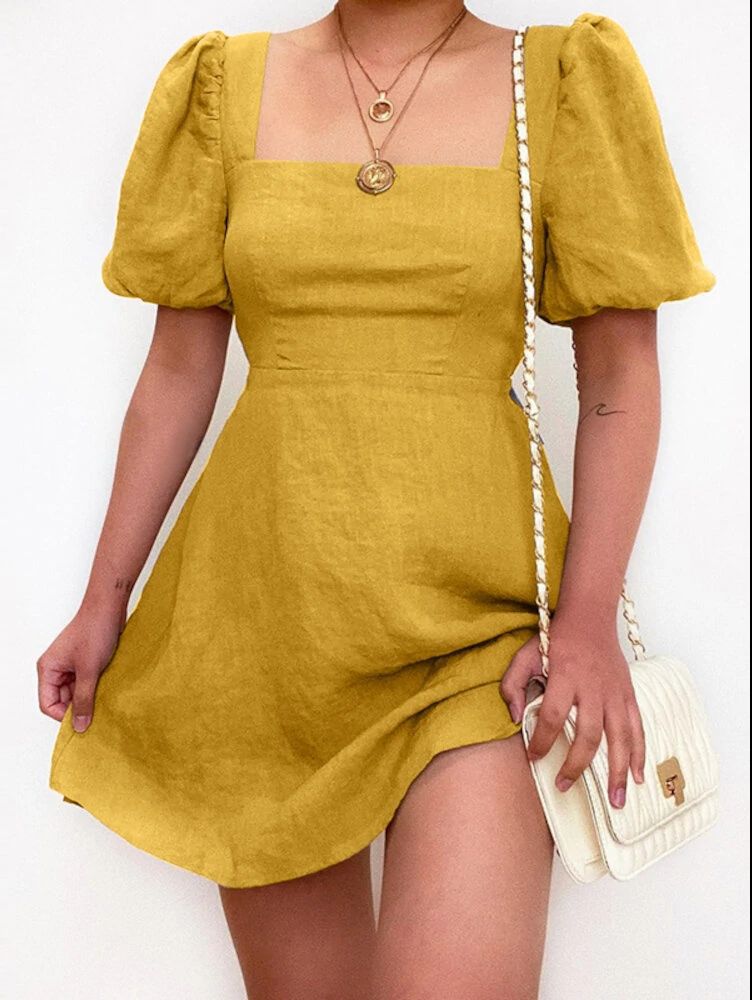 Women's Spring And Summer Leisure Flat Collar Square Collar Puffy Sleeve A- Line Mini Dress