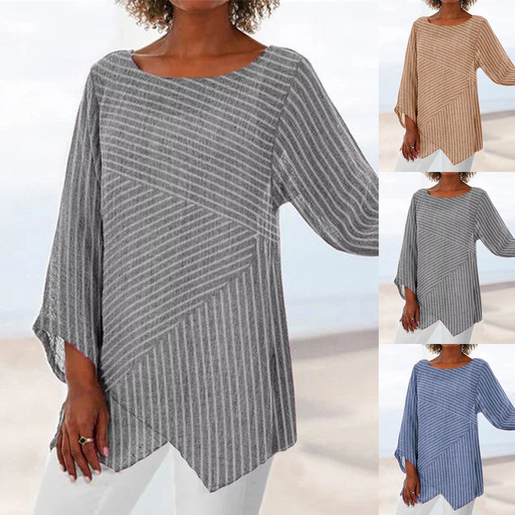 V-neck striped irregular long-sleeved shirt