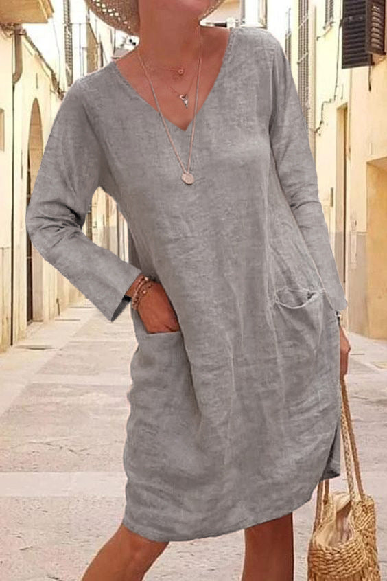 Cotton Linen V-Neck Dress with Pockets: Casual and Comfortable Women's Dress