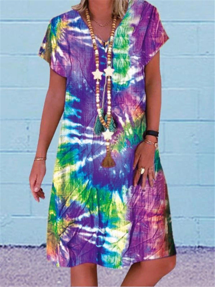 Short-Sleeved V-Neck Dress with a Multi-Color Print.