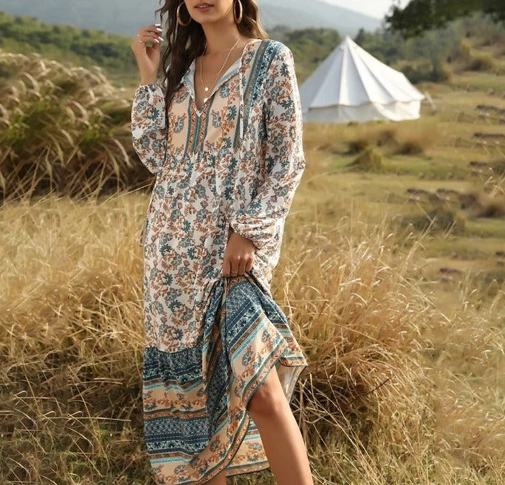 Long Bohemian Dress with Lace-Up Detail and Print