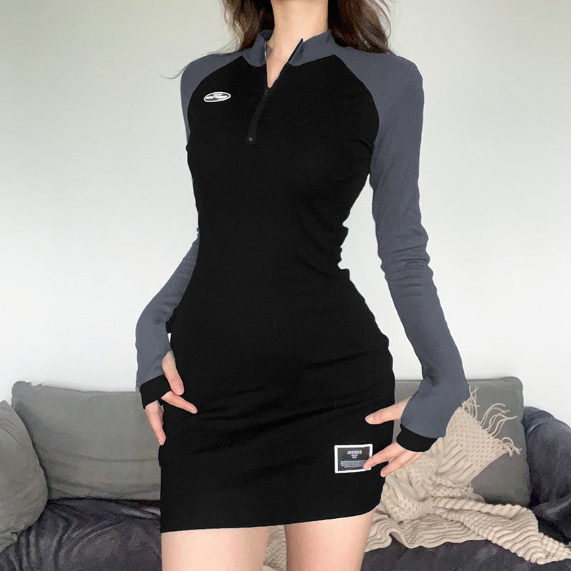 Sleeve Zipper Bag Hip Slim Dress Woman