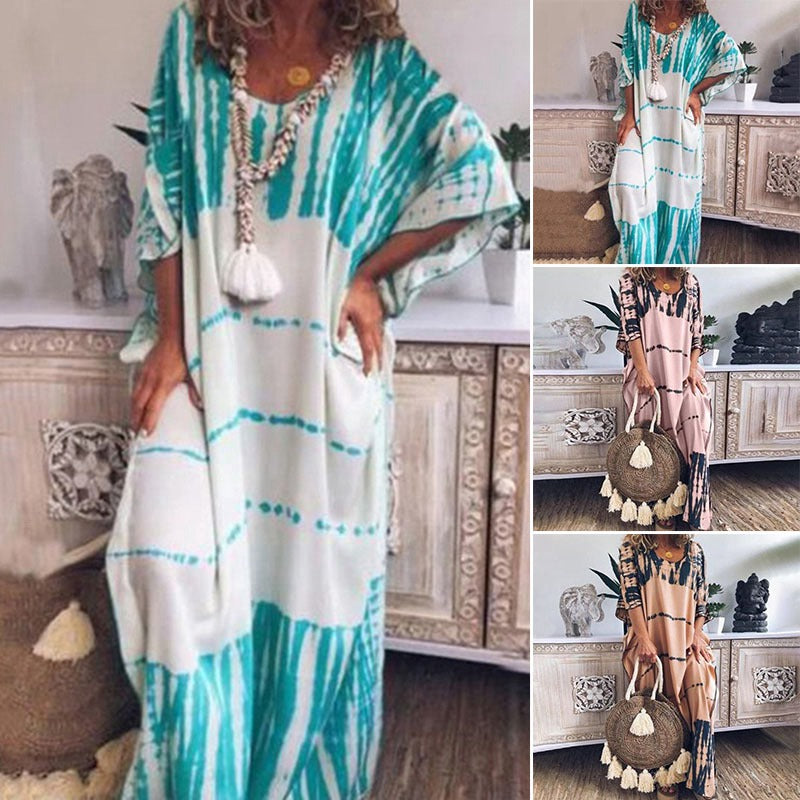 Loose round neck print long skirt dress