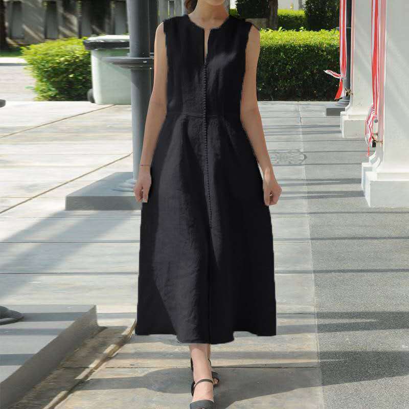 V-Neck Waistband Cotton And Linen Hem Slit Sleeveless Dress