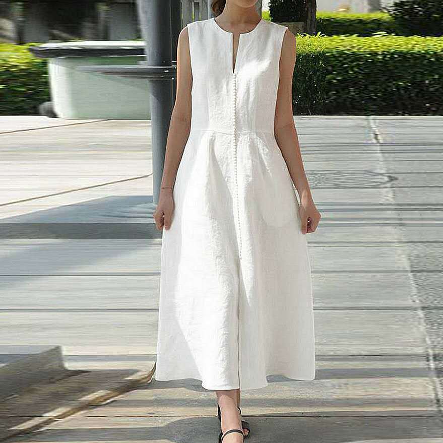 V-Neck Waistband Cotton And Linen Hem Slit Sleeveless Dress