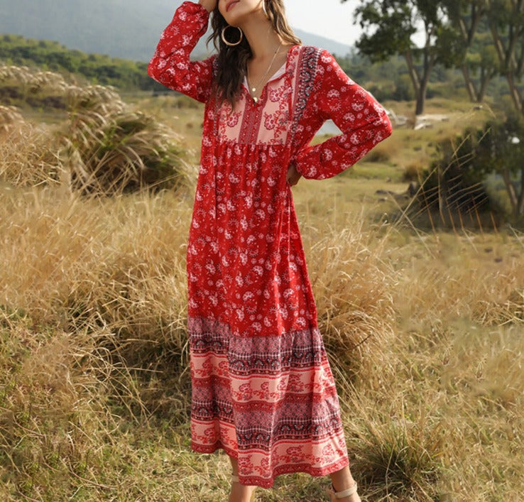 Long Bohemian Dress with Lace-Up Detail and Print