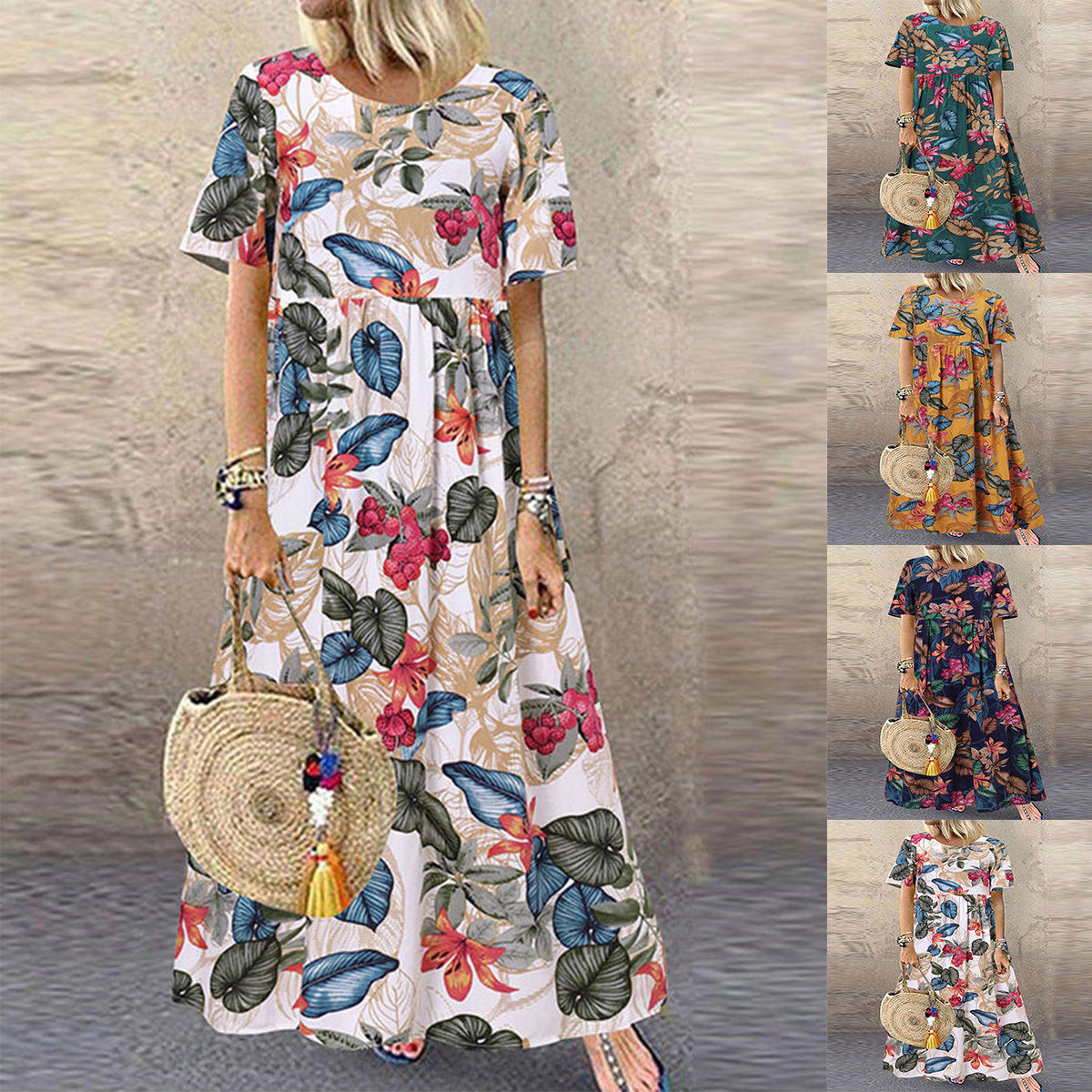 Long Dress Round Neck Casual Women's Retro