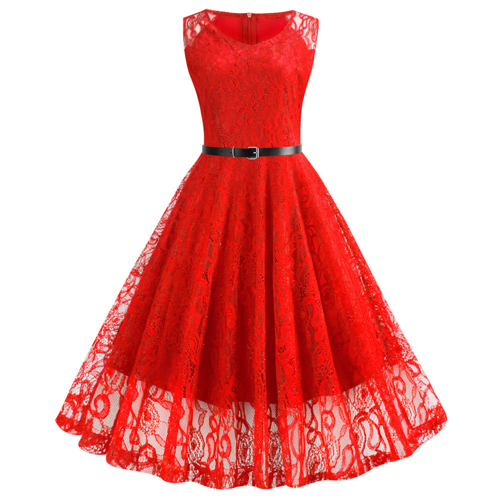 Retro Sexy Round Neck Lace Big Swing Dress