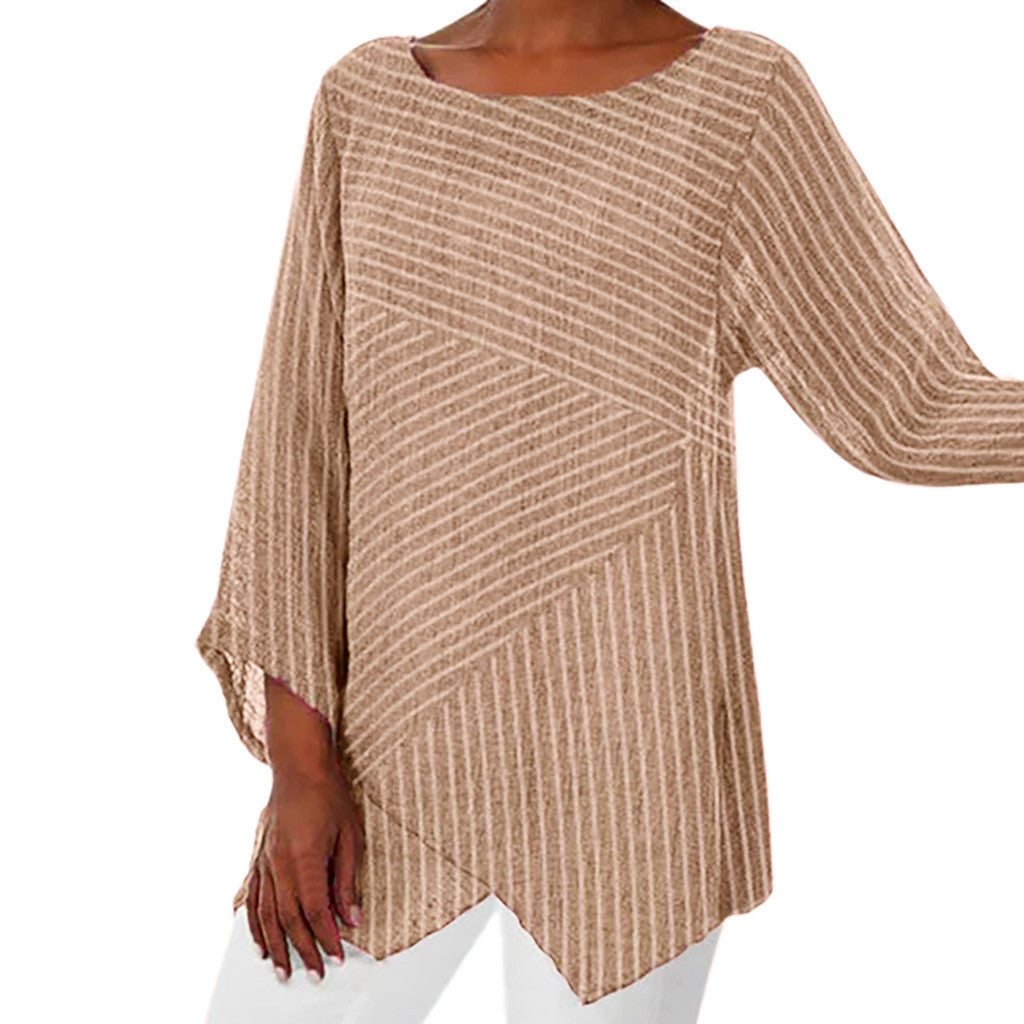 V-neck striped irregular long-sleeved shirt