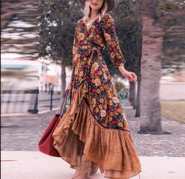 Printed Long Sleeve Retro Dress with Long Skirt