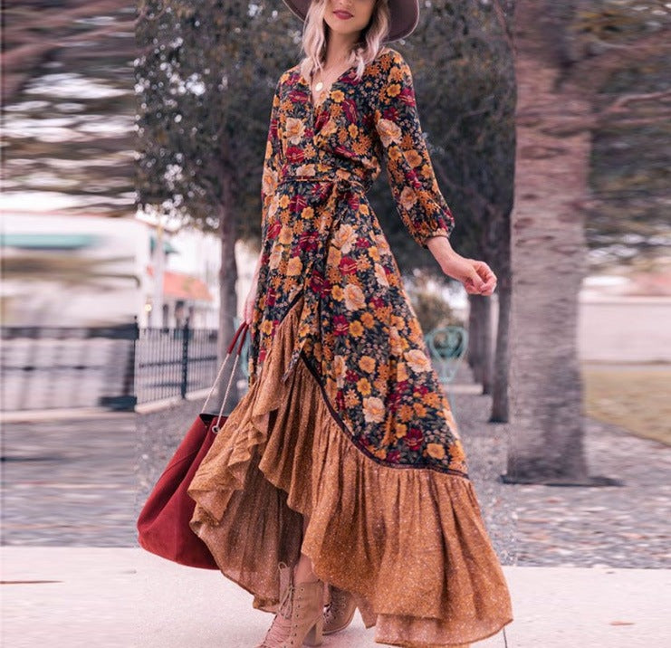 Printed Long Sleeve Retro Dress with Long Skirt