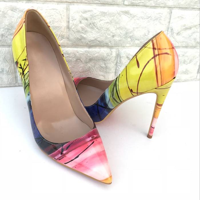 Yellow High Heels Women's Pointed Toe Stiletto Heels Colorblock Low-cut Pumps Tide