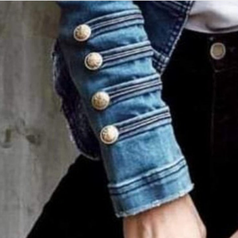 Double-Breasted Stitched Denim Jacket with Buckle Details