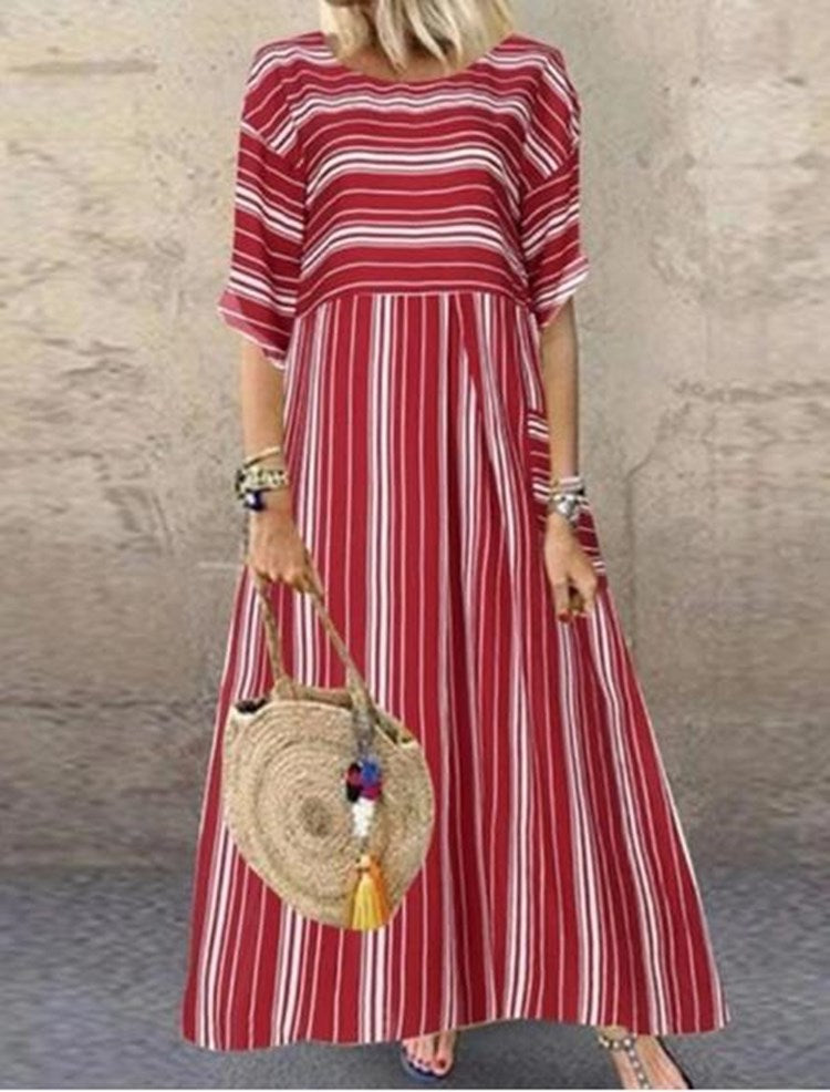 Striped Mid-Waist Dress with Mid-Sleeve Fishtail Cotton High-Waist Long Skirt