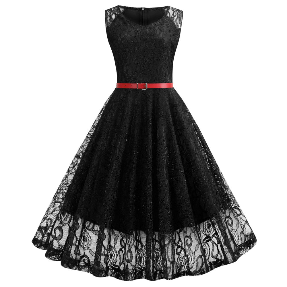 Retro Sexy Round Neck Lace Big Swing Dress