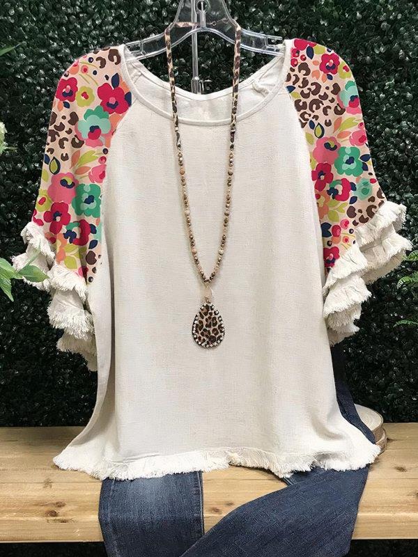 New Lace Ruffle Sleeves Crew Neck Print Colorblock Women's Loose T-Shirt