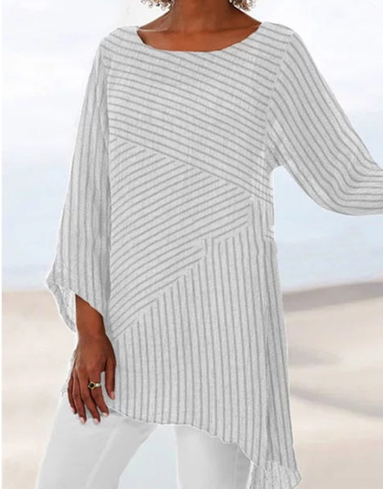 V-neck striped irregular long-sleeved shirt