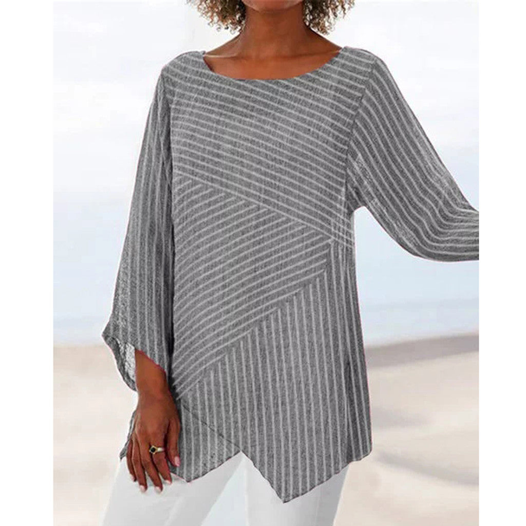 V-neck striped irregular long-sleeved shirt