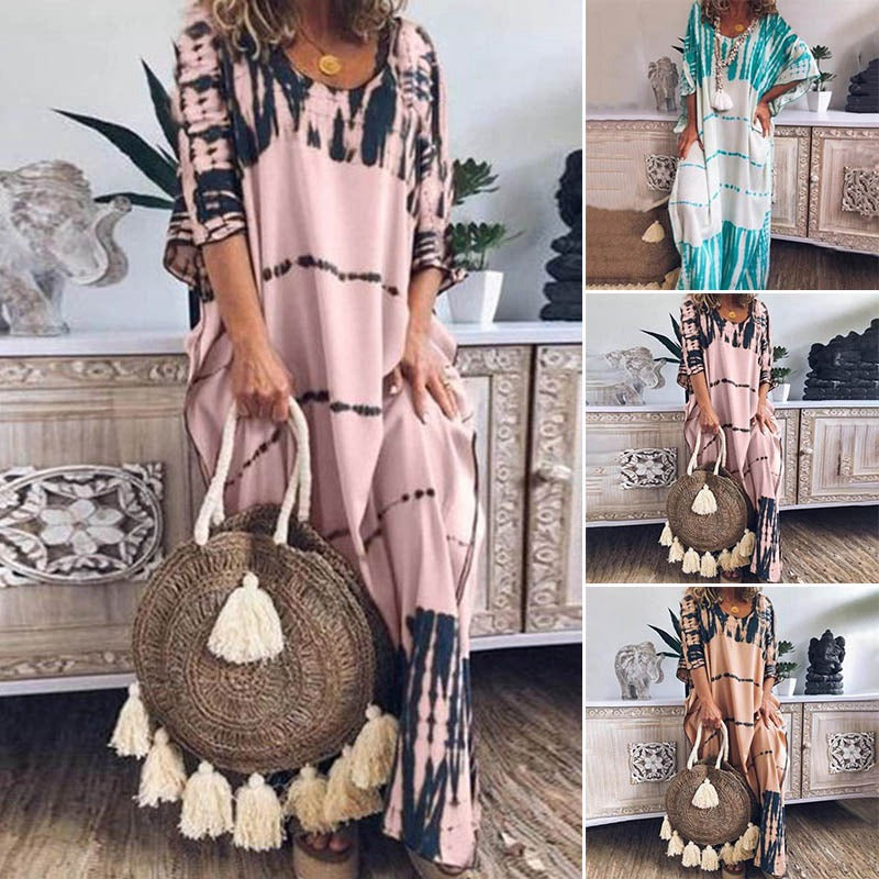 Loose round neck print long skirt dress