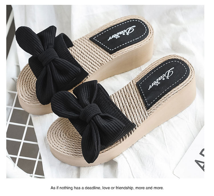 Summer New Bow Straw Woven Linen Bottom Women's Sandals Leisure Sandals High Heel Beach Fashion Wedge Slippers