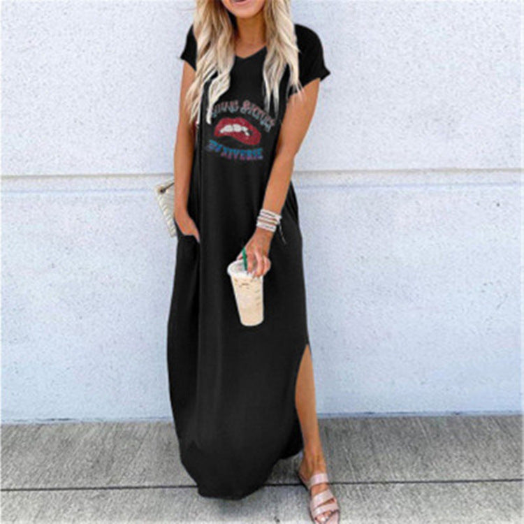 Women's Round Neck Short Sleeved Loose Printed Mid Length Dress