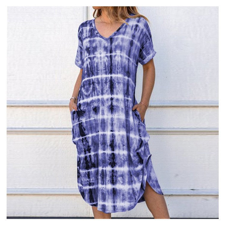 Printed Dress with Slit and a Loose Fit V-Neck Design