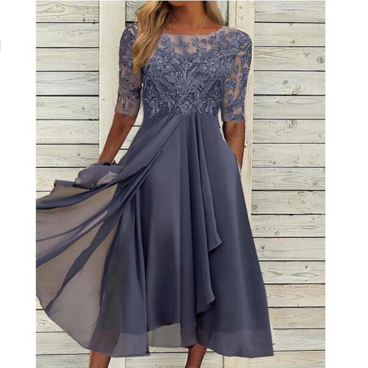 Chiffon Hollow-Out Bridesmaid Evening Dress with Lace Stitching - Elegant Women's Dress