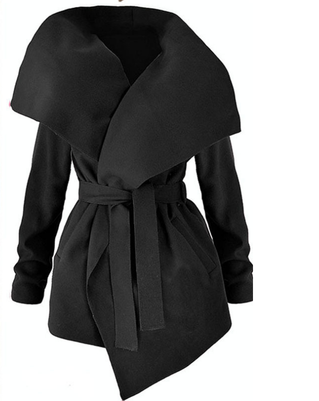 Long Belted Woolen Coat for Autumn and Winter in Large Size