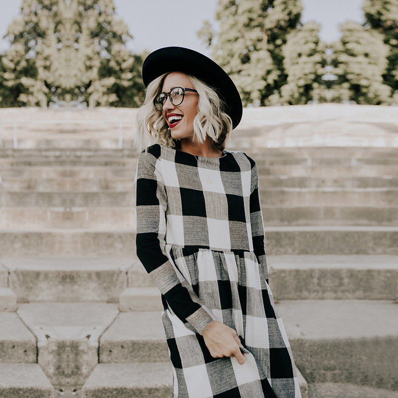 Checkered Women's Dress with a Round Neck