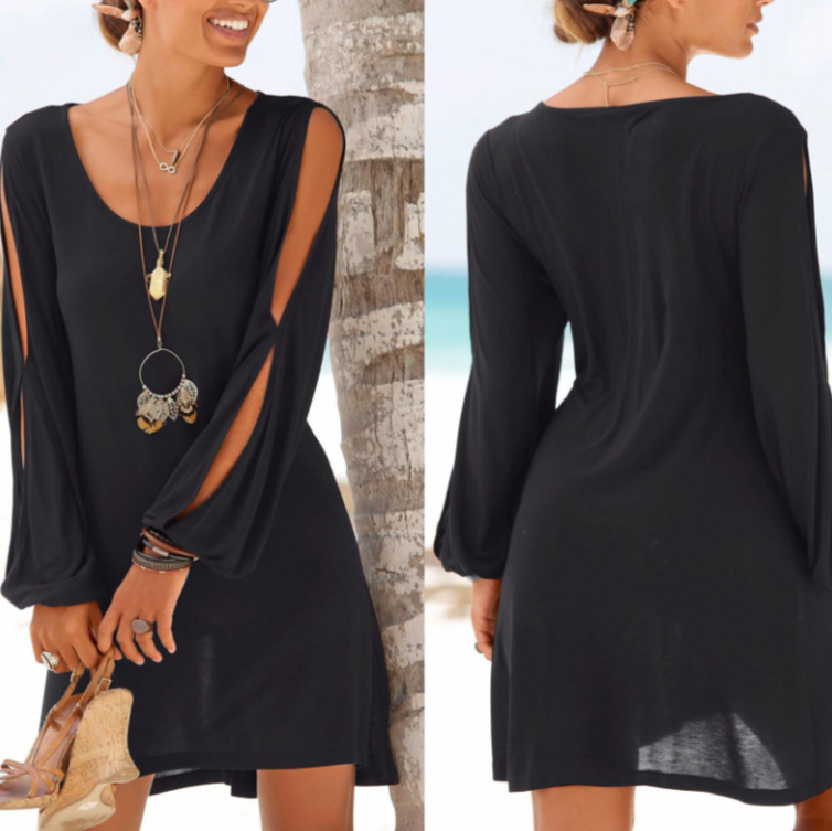 Dress Deep V-neck Loose Shoulder Long Sleeve Casual Beach Dress