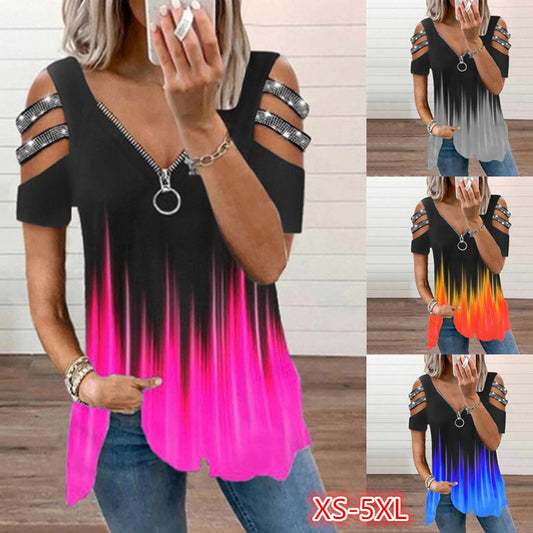 Women's V-Neck Printed Short Sleeve T-Shirt with Zip Pullover