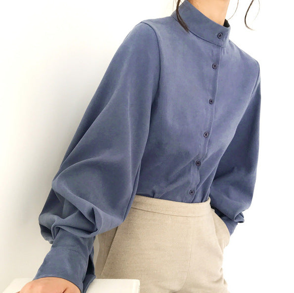 Women's Stand Collar Shirt with Lantern Sleeves