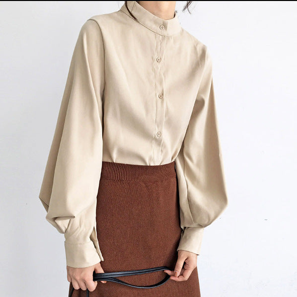 Women's Stand Collar Shirt with Lantern Sleeves