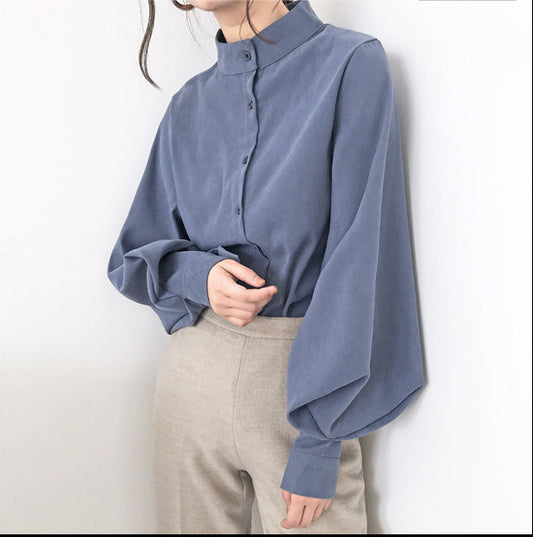 Women's Stand Collar Shirt with Lantern Sleeves