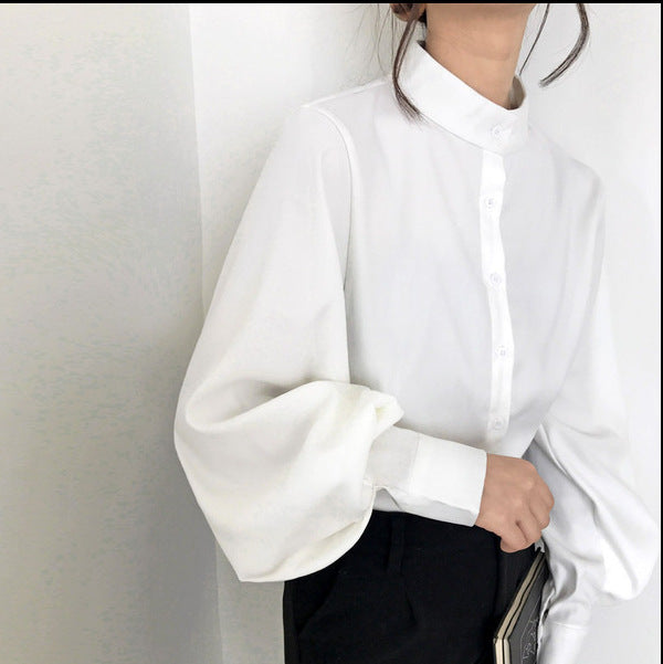 Women's Stand Collar Shirt with Lantern Sleeves