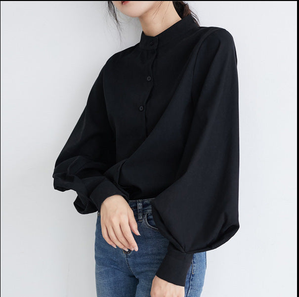 Women's Stand Collar Shirt with Lantern Sleeves